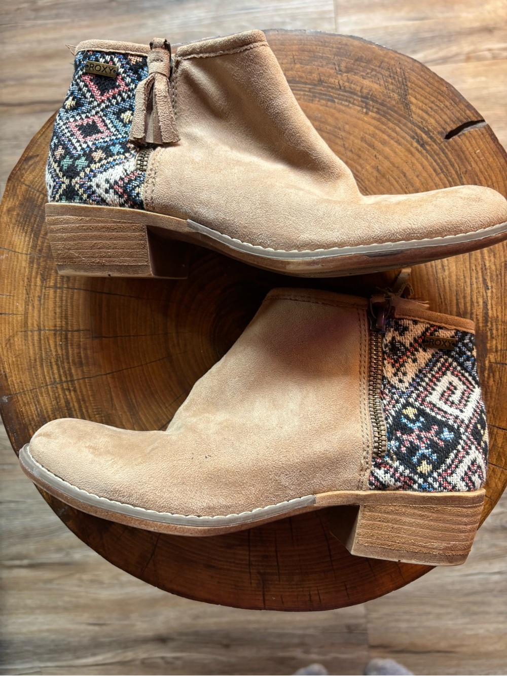 Roxy / Tan Suede Ankle Booties with Patterned Heel
